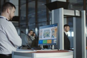 Man in uniform standing at counter at checking point and watching at monitor with x-ray of luggage.